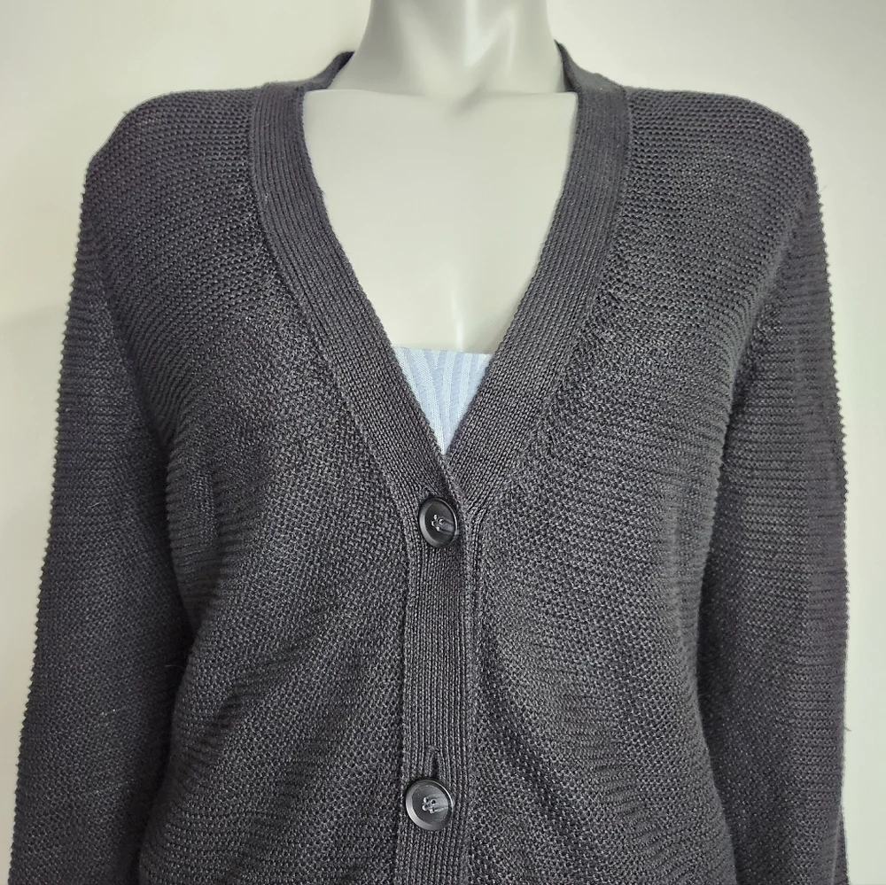 Banana Republic Black 100% Linen Open Knit V Neck Button Cardigan Size L - Picture 3 of 10